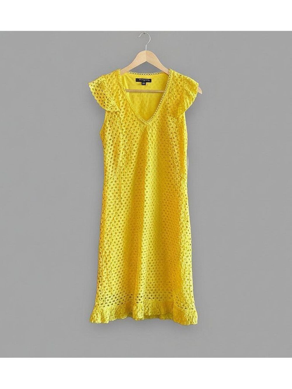 Sharagano Yellow Crochet Eyelet Flutter Sleeve Midi Dress Size 6 Cottagecore